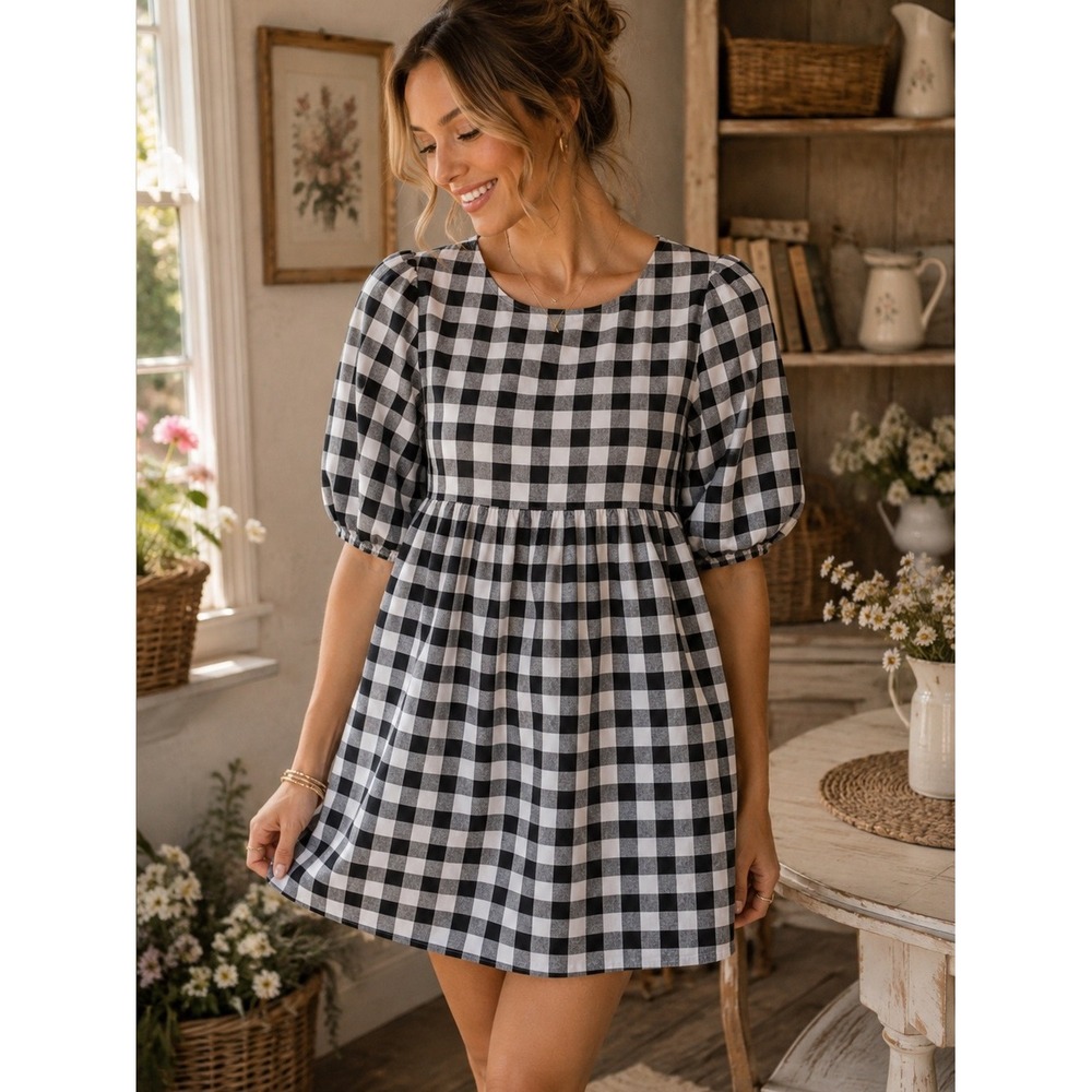 Gingham Puff Sleeve Babydoll Dress Black White Size S San Jose The Label
